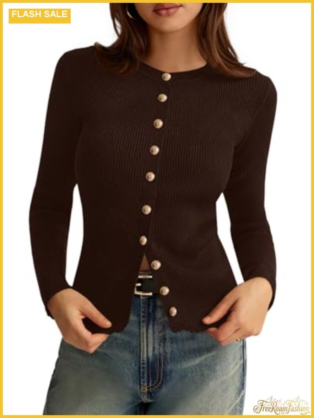 Slim Fit Ribbed Knit Cardigan Sweater for Women Lightweight Long Sleeve Crewneck